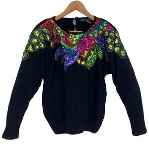 Vintage Sequin Sweater IB Diffusion Silk Angora Blend PS Black Shoulder Pads